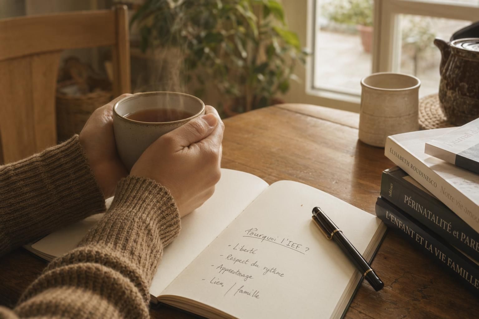 Mains de parent tenant une tasse de tisane sur un carnet ouvert pour réfléchir au projet IEF