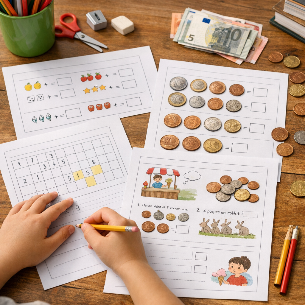 Exercice de math CP à imprimer&nbsp;: addition, numération, monnaie et problèmes